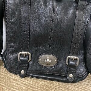 Fossil Maddox Black Leather Messenger Bag with Silver Hardware